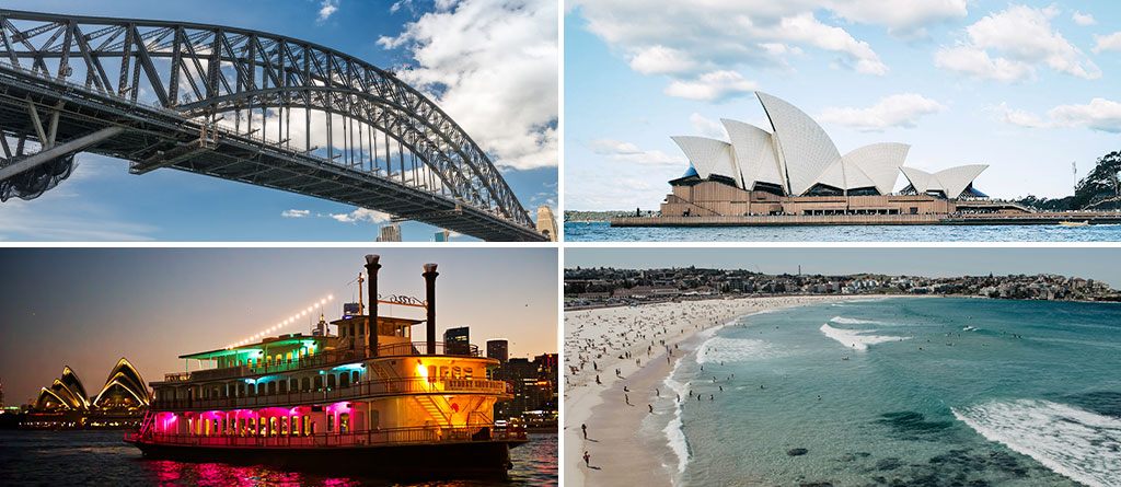Collage of Opera House, Harbour Bridge, Dinner Cruise and Bondi Beach