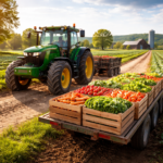 Green tractor transporting fresh vegetables in wooden crates on a rural farm road during sunset