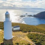 aerial view of Bruny Island Lighthouse with coastline as the background