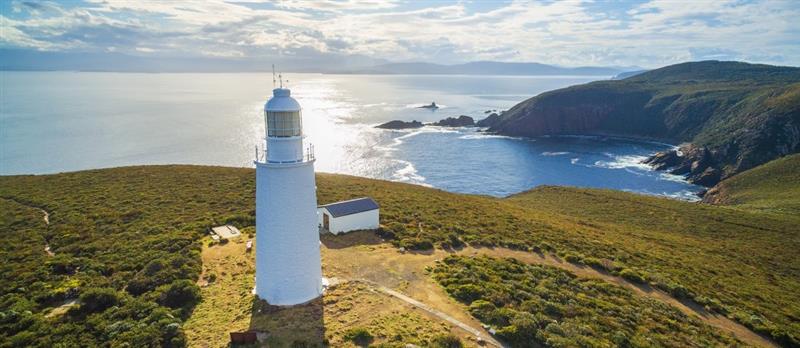 aerial view of Bruny Island Lighthouse with coastline as the background